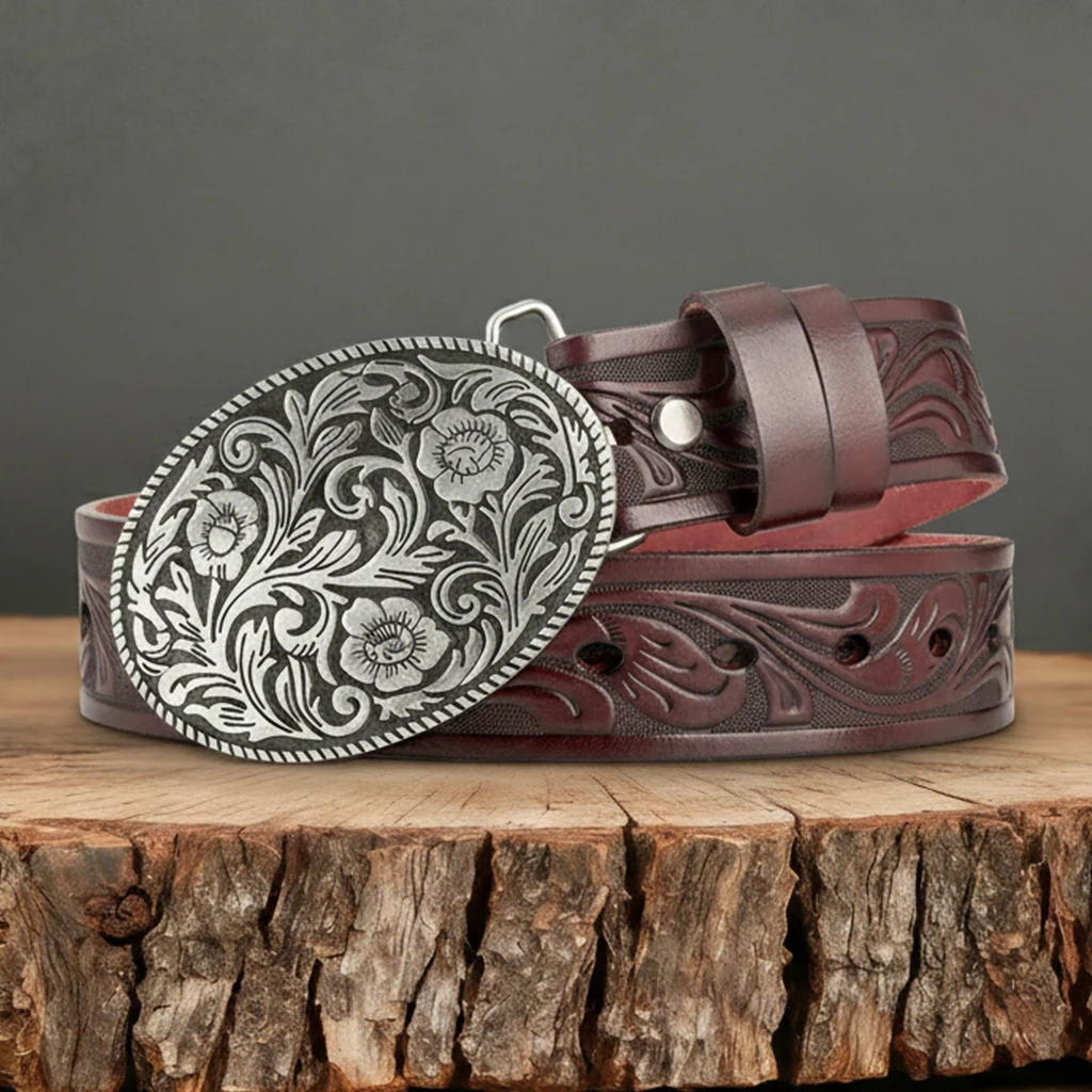 1pc Full Grain Leather Golf Belt Western Cowboys Belt, Engraved Floral Buckle Belt For Men, Perfect Gift For Christmas