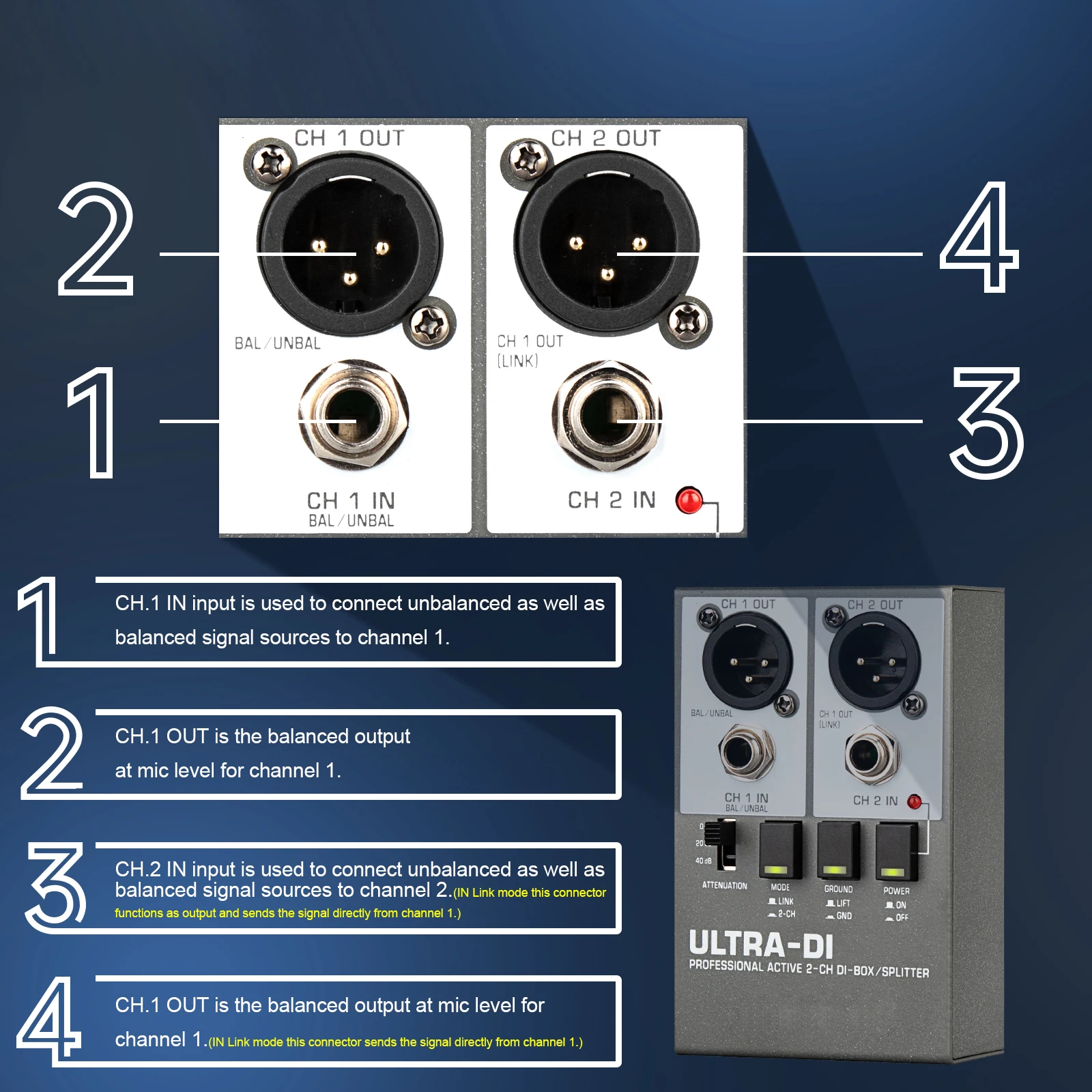 SD2 DI 박스 액티브 2채널 오디오 시스템 오디오 장비 일렉트릭 기타 및 스테이지 악기 프론트 DI 박스