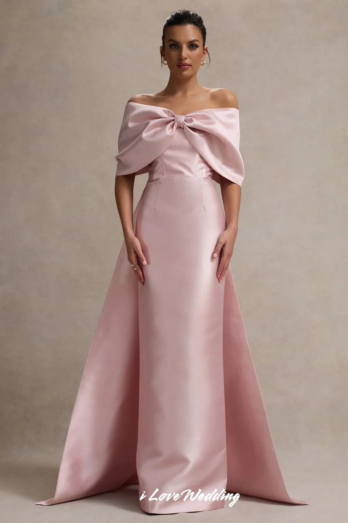 

Pink Bow Off Shoulder Evening Dresses 2025 Satin Backless Pleated Mermaid Floor-Length Modern Wedding Party Dresses Customized