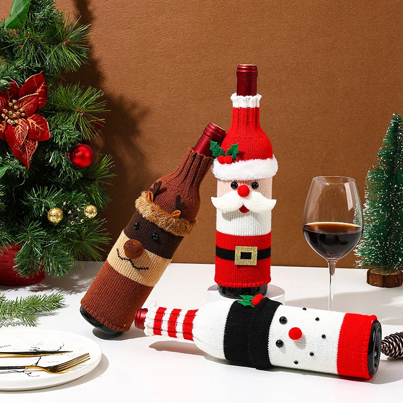 2025 Christmas Knit Wine Bottle Cover Xmas Stuff Wine Bottle Clothes Dinner Table Decor Navidad Gifts Home New Year Ornament