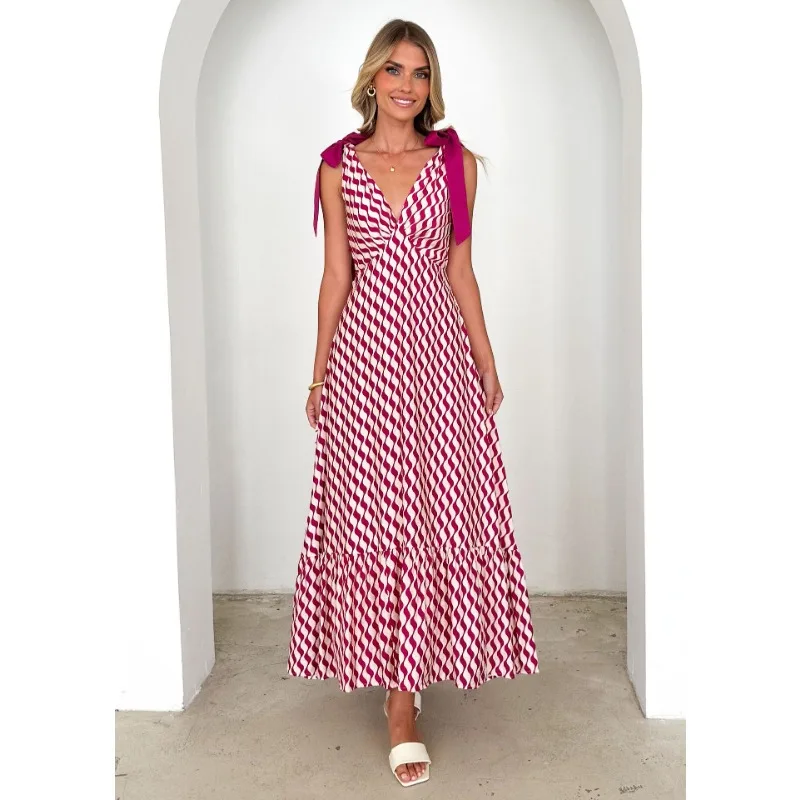 Luźna Sukienka Boho z Falbanami na Wakacje, Długa Sukienka Letnia Elegancka Damska w Stylu Bohemy, Seksowna Sukienka Y2K Chic Bez Rękawów z Dekoltem w Serek i Odkrytymi Plecami z Nadrukiem