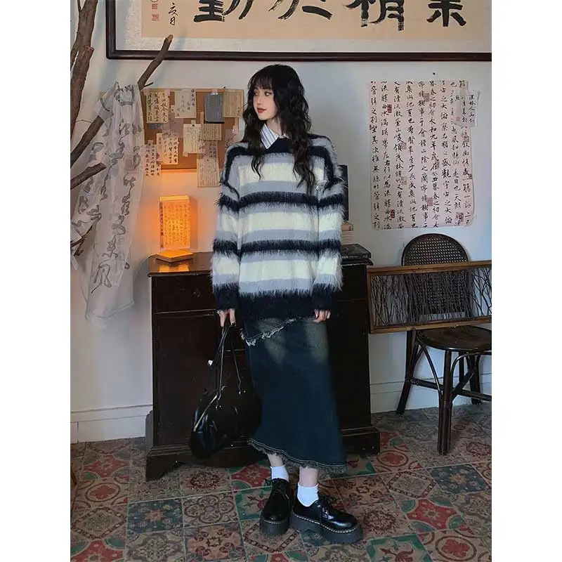 

Женская одежда, весенне-осенняя мода, простота, универсальные полосатые водонепроницаемые норковые вязаные женские пуловеры Pure Desire, топ