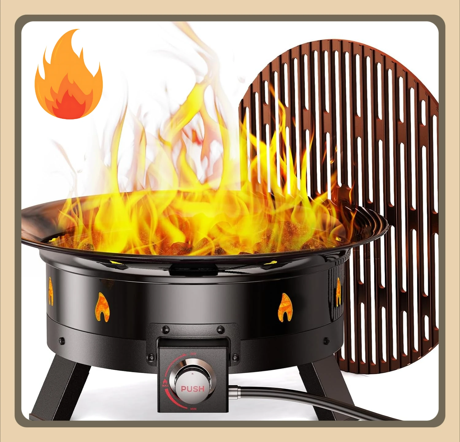 

[Best Seller!]Large Propane Fire Pit 19 Inch, Gas Fire Pit with Grill Grate, Folding Legs, Hose Hooks, Propane Tank Holder, Cove