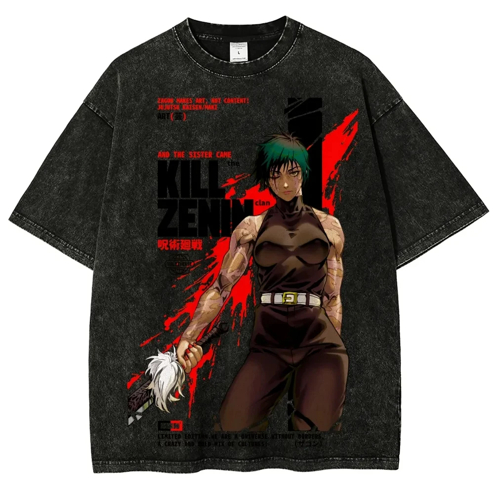 Maki Zenin T-Shirt Jujutsu Kaisen Herren Acid Wash Kill Zenin Clan Anime Grafik Streetwear Cursed Tool Vintage Bootleg Übergroßes T-Shirt