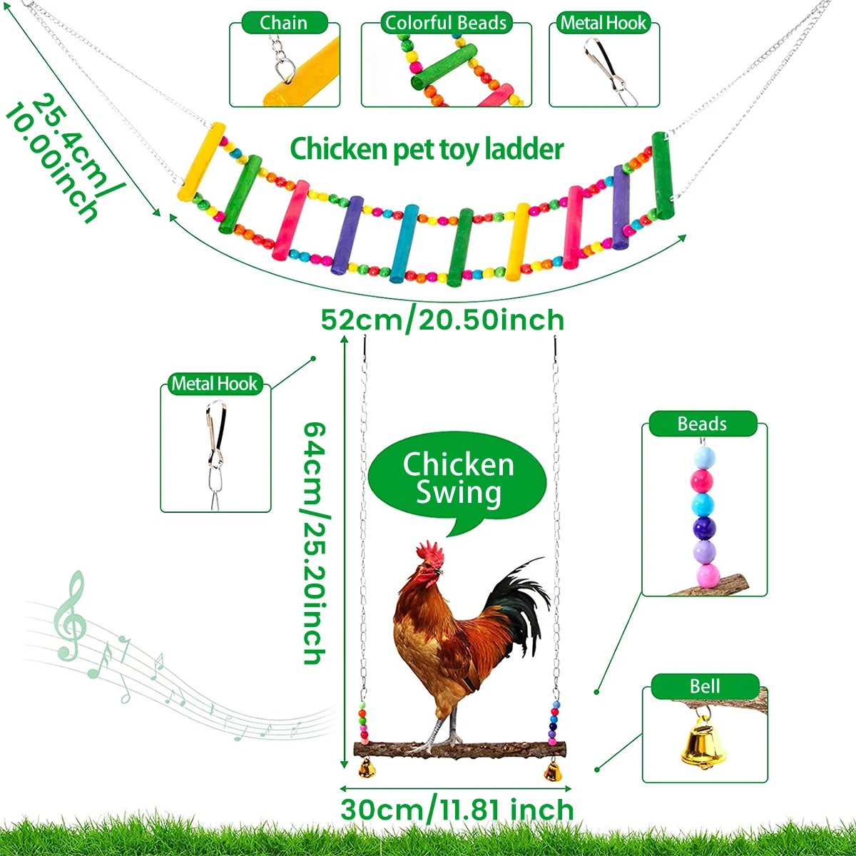 6PCS/Set Longer Chain Chicken Toys for Coop Accessories Xylophone Swing Flexible Ladder String Bag Vegetable Fruits Skewer