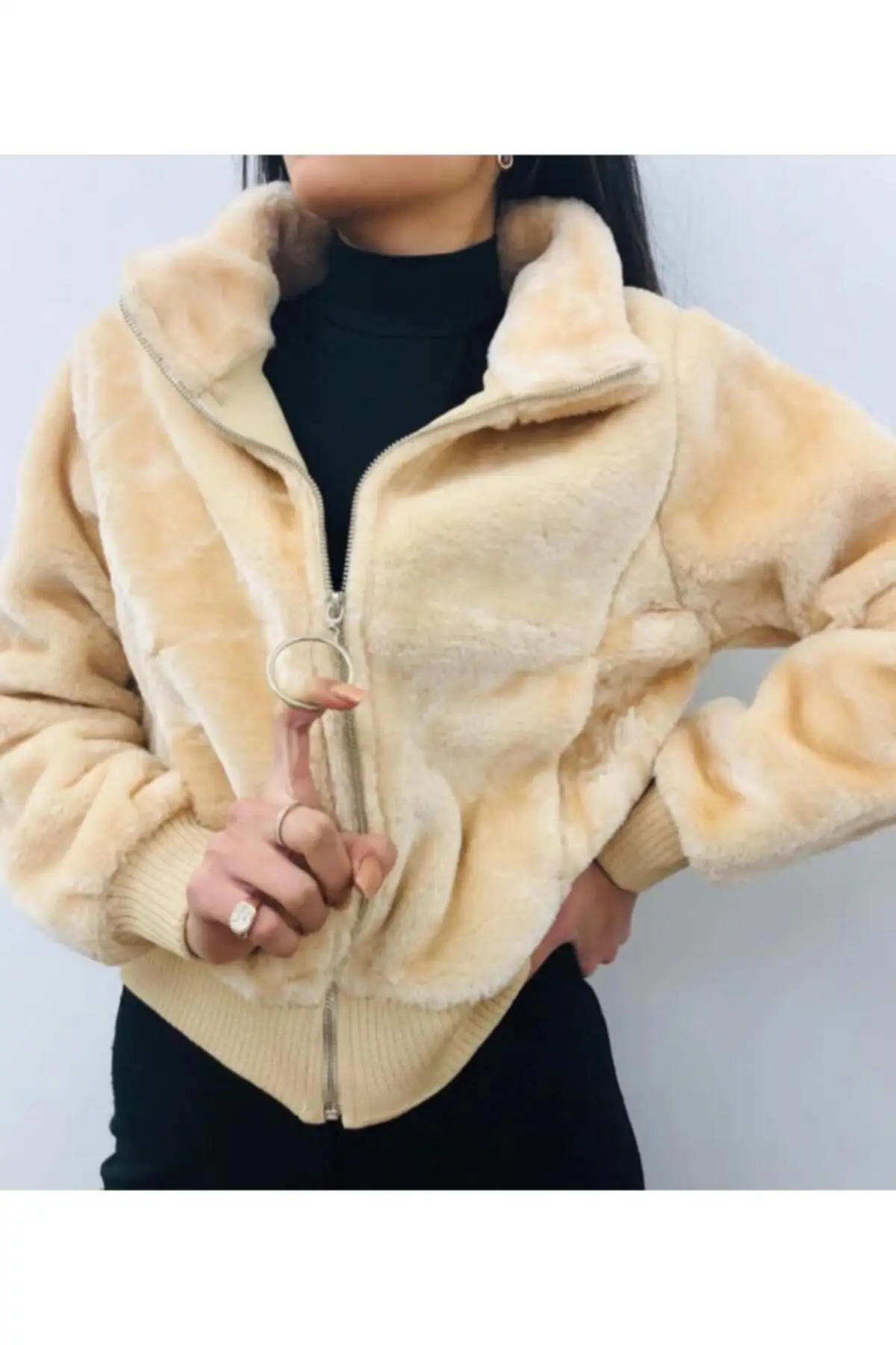 Frauen Mäntel Creme Farbe Plüsch Langarm Dicken Reißverschluss Stilvolle Elegante Bequem 2021 Winter Herbst Mode Oberbekleidung Mäntel