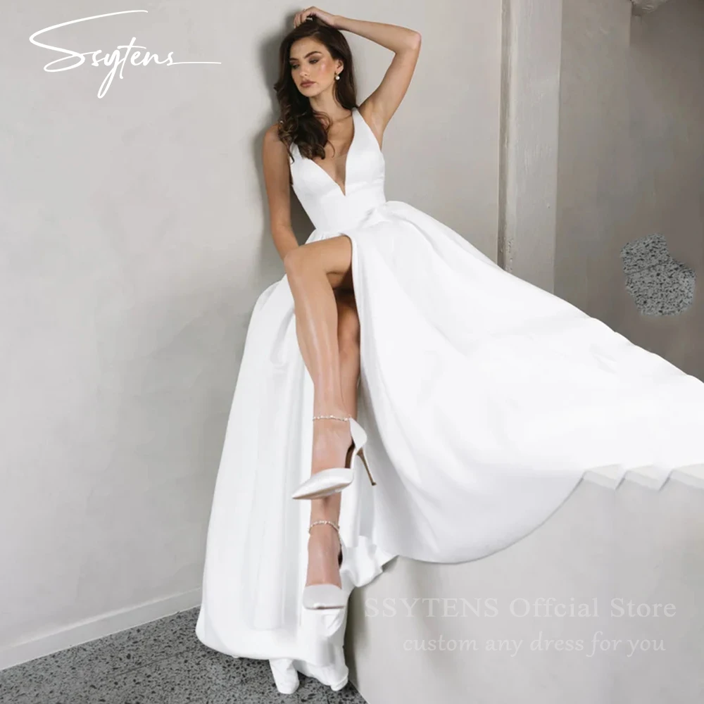 

SSYTENS Simple Sleeveless Wedding Dresses Sexy Deep V-Neck Bride Dress Backless A-Line Satin Floor Length Bridal Gown Customized