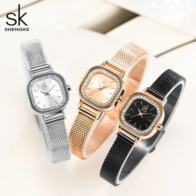 Shengke New Luxury Watch For Women Classic Square Rhinestone Dial Women\'s Watches Black Milanese Strap Japanese Quartz Movement