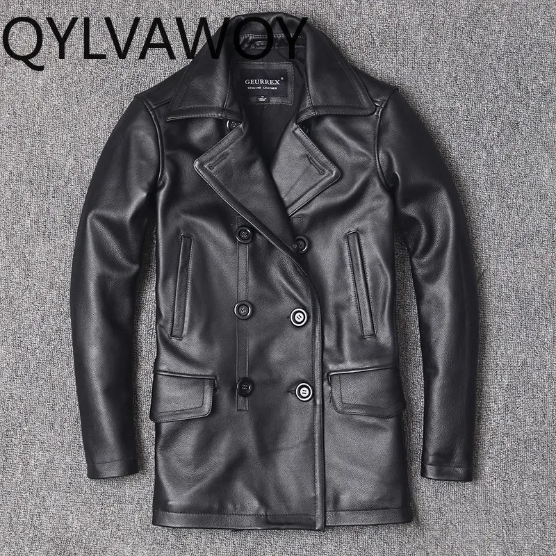 QYLVAWOY 100% Genuine Leather Jacket Men Korean Slim Fit Mid-length Top Layer Cowhide Real Leather Trench Coat Double Breasted
