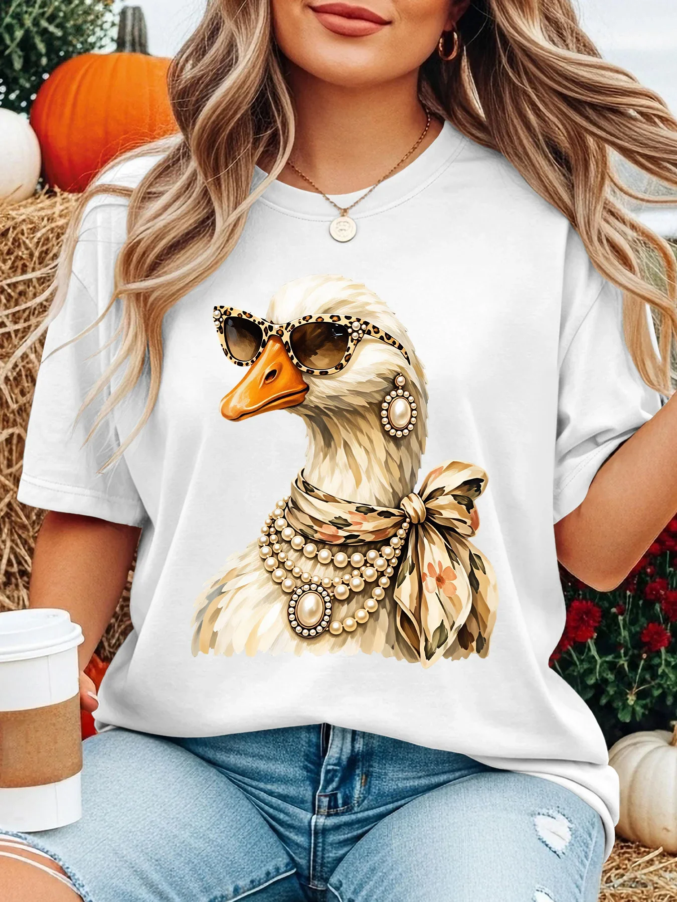 Women Crew Neck Tee Stylish Duck Leopard Sunglasses Graphic Print Short Sleeve Loose Ladies  Plus Size Casual Top