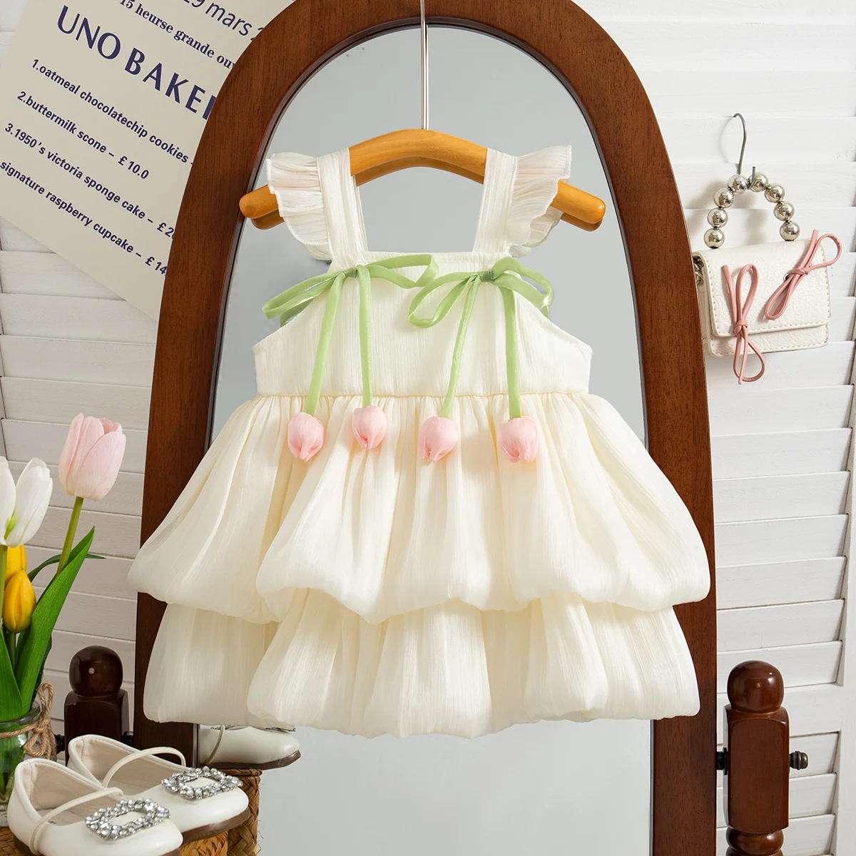 

Baby Girl Dress Summer Tulip Pattern Solid Color Halter Multi Layers Design Hem Girl Dress Cute Casual Girl Kid's Dress