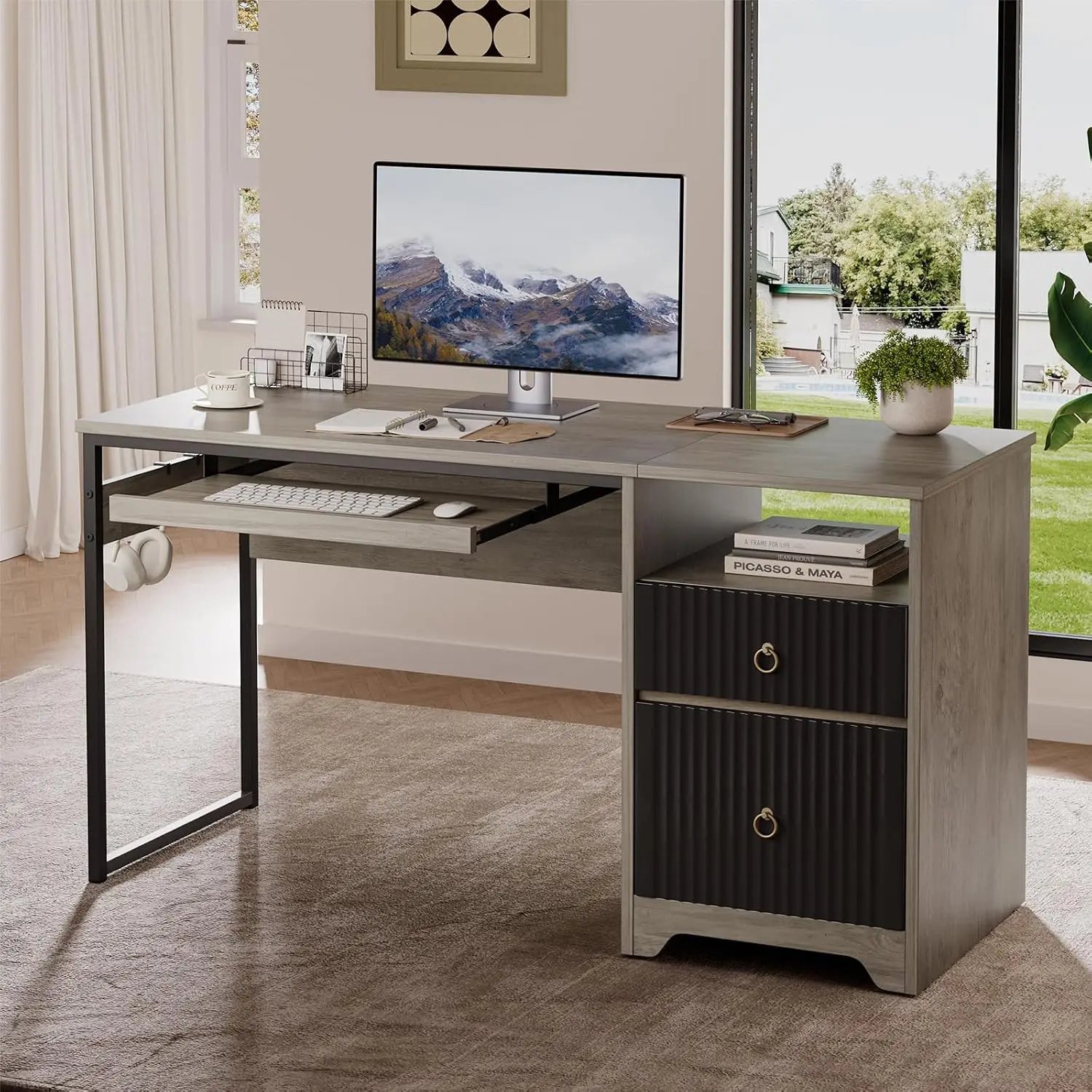 Modern Fluted Computer Desk With Drawers & Keyboard Tray, 55 Inch, Grey, Customized