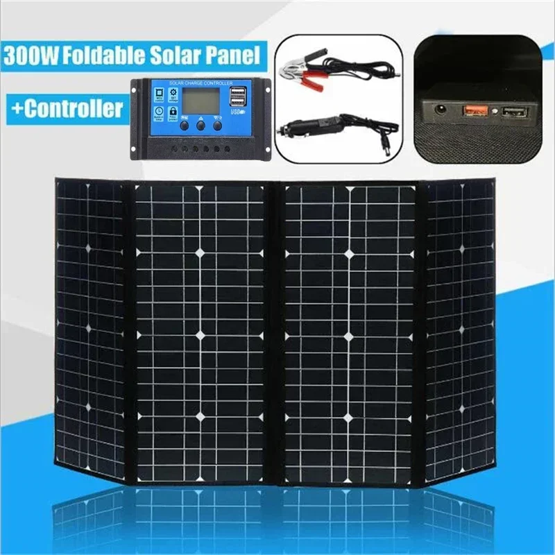 

300W Solar Panel Foldable Bag Kit with Controller 12V High Efficient Emergency Charging Board Mobile Cells Sun Power Generator