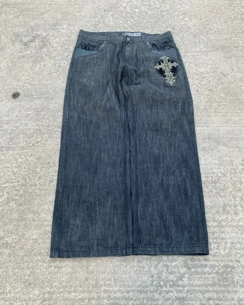 Retro Gothic Cross Bordado Baggy Washed Jeans para homens e mulheres, calças largas americanas Hip-Hop, moda rock Harajuku, novo, Y2K