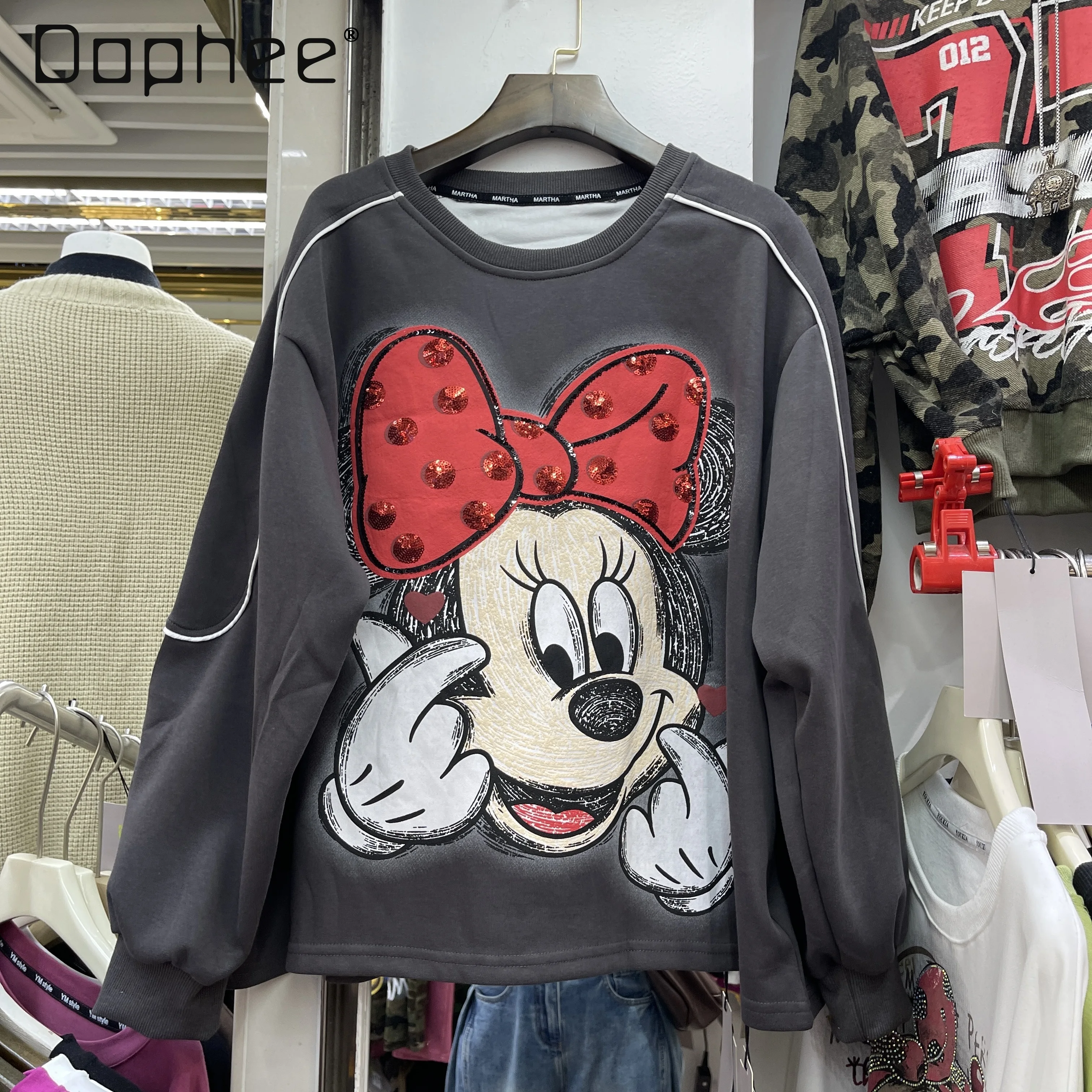 

2025 Trendy Brand New Autumn Heavy Embroidery Sequin Cartoon Print Round Neck Fashion Loose Pullover Sweatshirt Long Sleeve Top