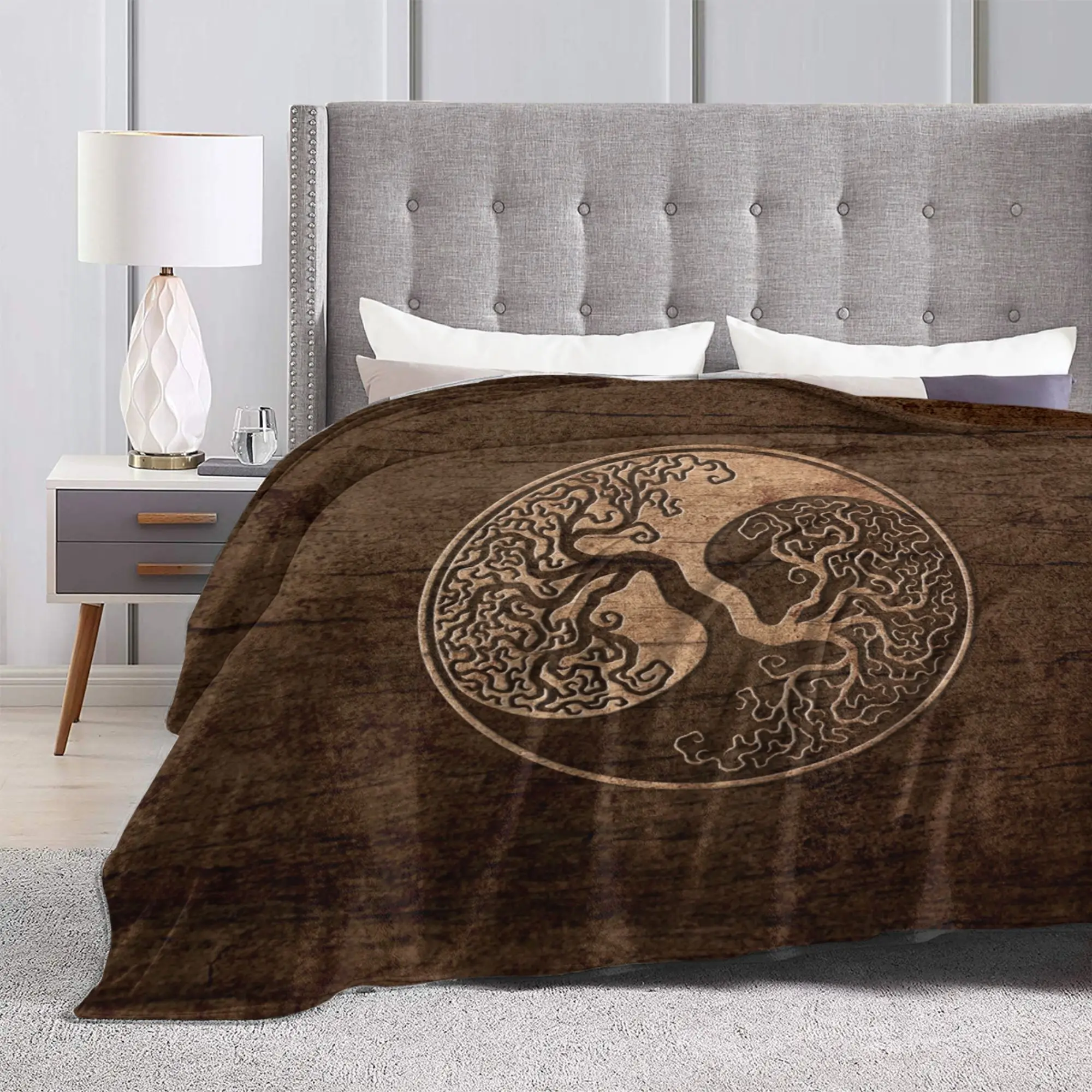 Rough Wood Grain Effect Tree of Life Yin Yang Tai Chi Blanket  Flannel Novelty Soft Throw Blanket for Home Restaurant Decoration