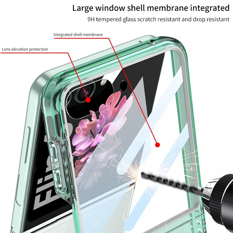 Luxuriöse, transparente, ultradünne PC-Hülle für Samsung Galaxy Z Flip 6 5 ZFlip6 Flip5 360, integrierte Displayschutzfolie, stoßfeste Abdeckung