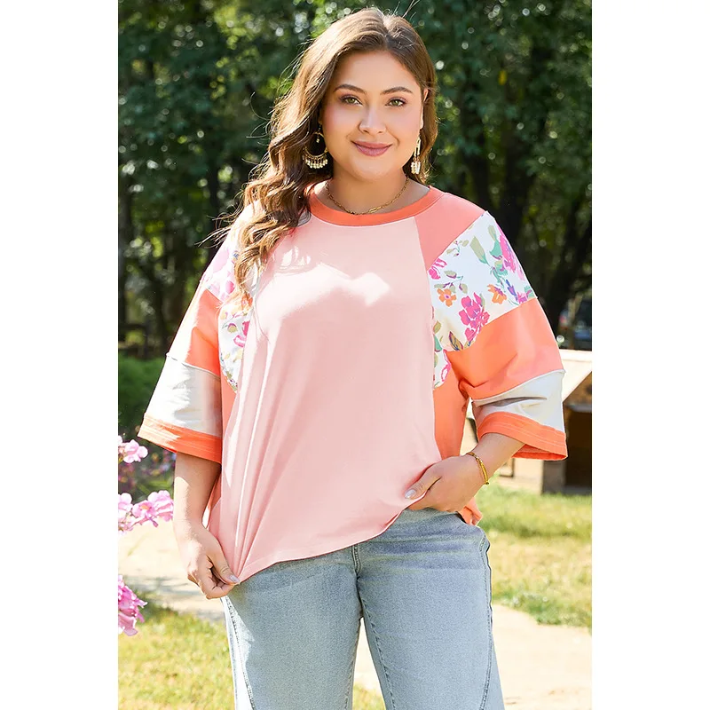 เสื้อยืดแขนสั้นทรงแร็กแลนลายดอกไม้สีสันสดใสสำหรับผู้หญิง สไตล์ฤดูร้อน คอกลม ไซส์ใหญ่ แฟชั่นยุโรปอเมริกา