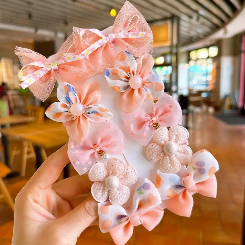 10Pcs/Set Children Cute Bows Hair Clips Girls Lace Flower Hairpins Mesh Bowknot Duckbill Clips Kids Hair Accessories