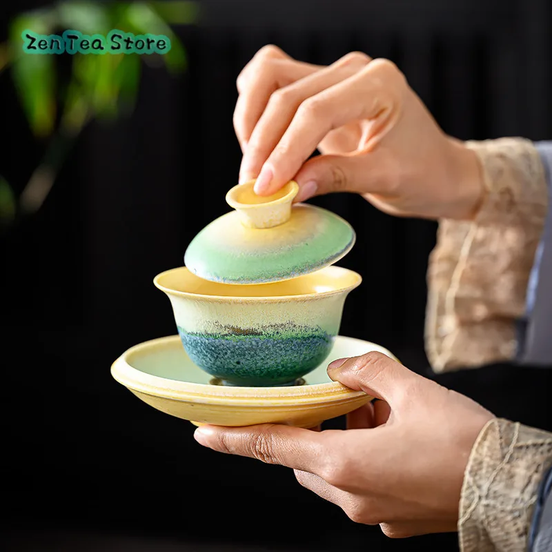 

Kiln Change Ceramic Three Cover Bowl Single Large Office Home Kung Fu Tea Set Tea Bowl Teacups Only This Green