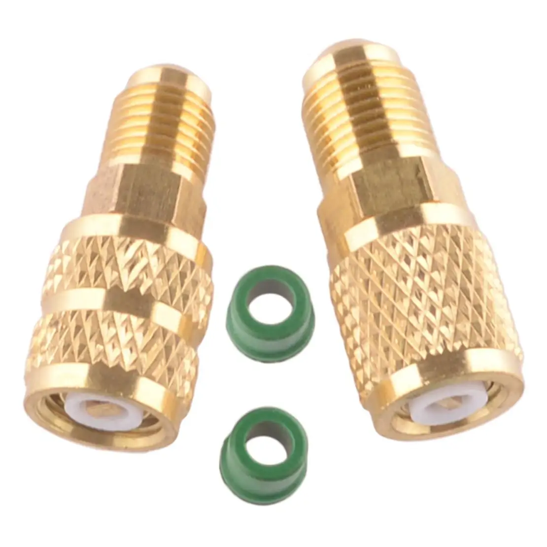 

2 шт. адаптера для заправки кондиционеров (разъемы 5/16" и 1/4" SAE), подходят для R410, R32, R22, из золотистой латуни