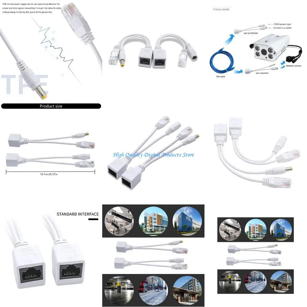 

U2JE Passive PoE Adapter Cable Short Cord RJ45 Injector And Splitter Set for Cameras Supports 12V Power Supply