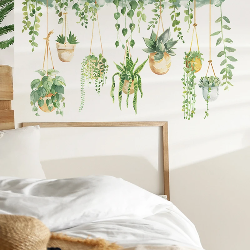 الجدران الإبداعية الفن الأخضر ورقة الكرمة سلة معلقة بوعاء الفينيل ملصقات جدارية للديكور المنزل الغرف الجمالية المناظر الطبيعية