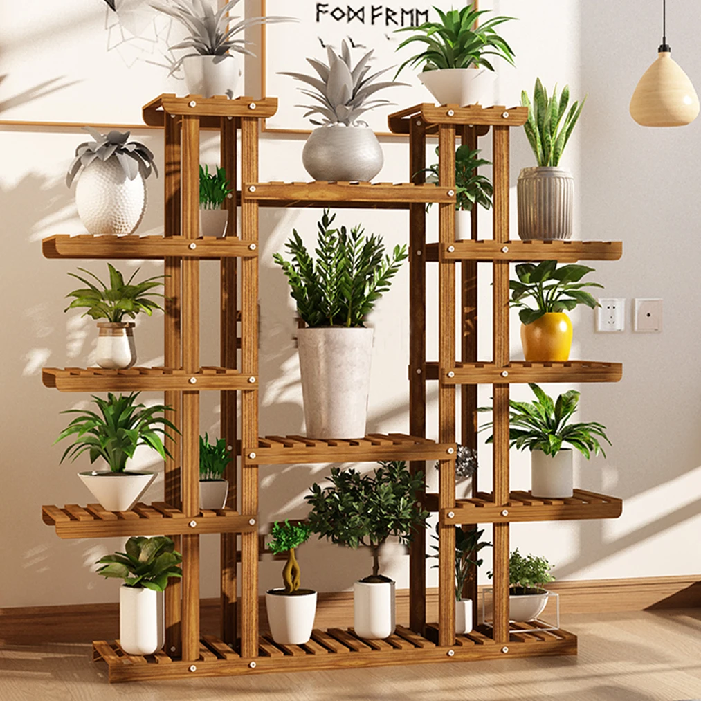 Large 11 Tiered Wood Plant Stand Carbonized High Widen Pot Shelf Holder Flower Shop Office Garden Indoor Outdoor