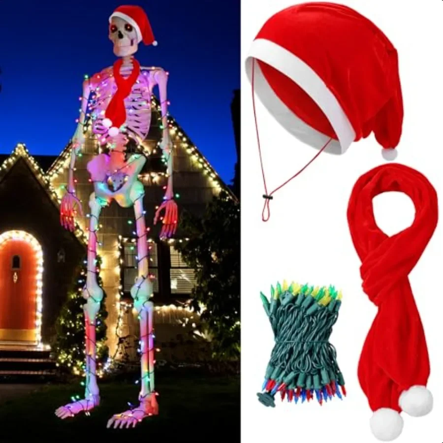 

3 Pcs Christmas 12 ft Skeleton Accories 44 Inch Giant Santa Hat Scarf Colorful 100LED Lights for 10 Foot and 12 Foot Christmas