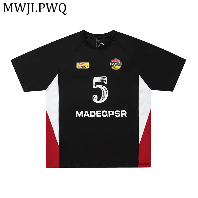 

MWJLPWQ American Loose Fit Streetwear Color-block Sports Tee Short-sleeve T-shirt For Men Round Collar Casual Summer New 15280