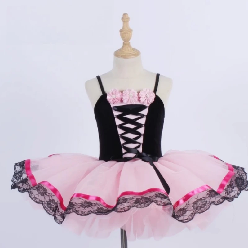

Girl Ballet Tutu Dress Women Stage Performance Dancewear Children Stage Shows Costume Pink 3D Flower Sling Ballet Dance Wear