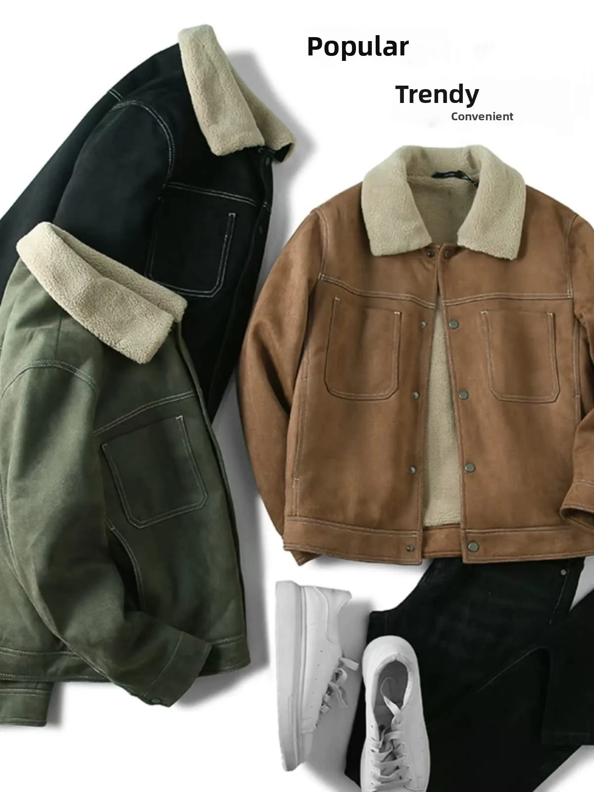 

Warmth Thickened Suede Jacket Autumn Winter Men's Fashion Retro Workwear Lightweight Fleece Lined Coat Youth Popular Style