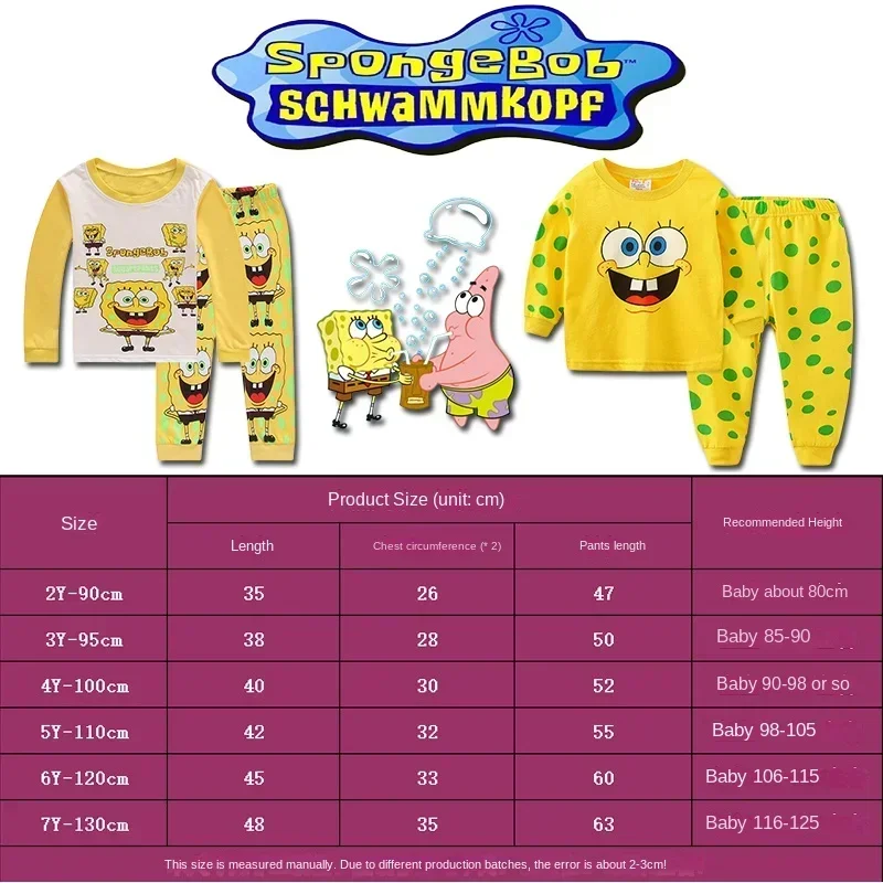 2PCS SpongeBob SquarePants Children\'s Long-sleeved Pajamas Set Boys and Girls Long-sleeved Round Neck Tops Trousers Cotton Suit