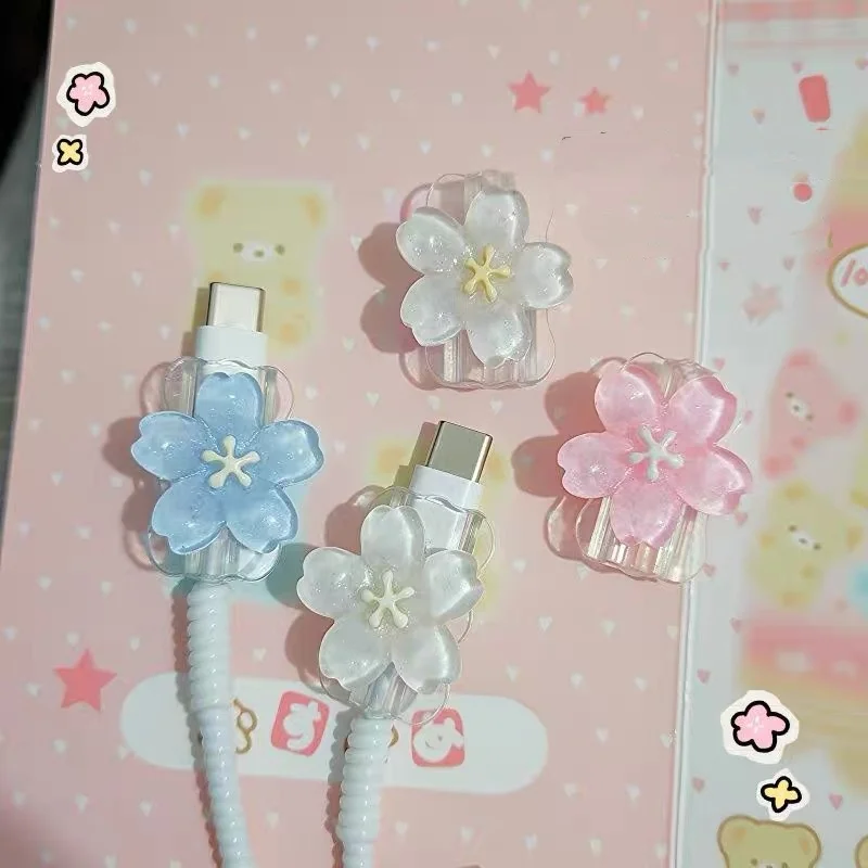 2 pcs Cherry Blossom Cable Protector Cord Saver Sleeve Data Line Protection Kit For iPhone/Type-C Charging Interface Silicone