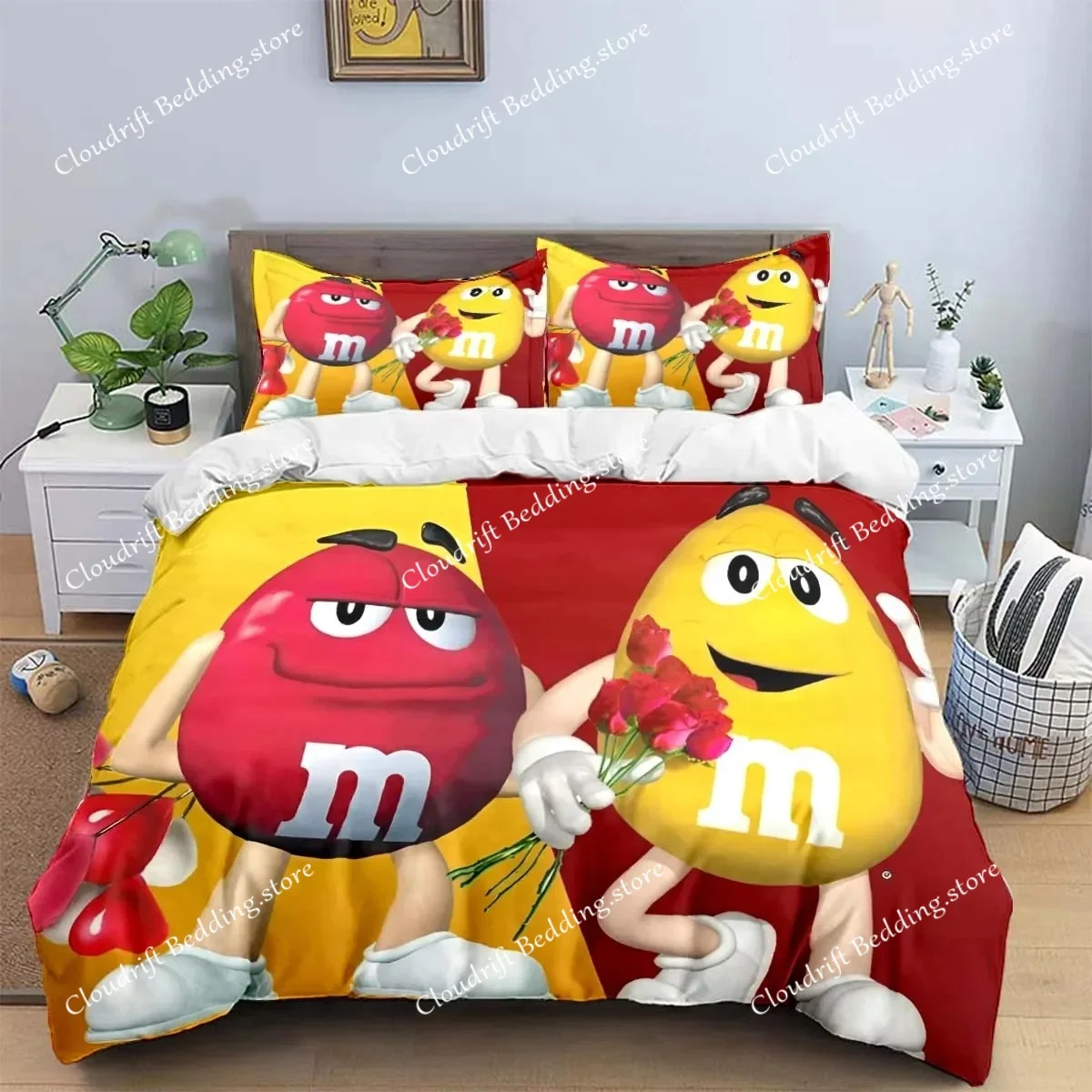 

Модный комплект постельного белья с принтом логотипа M&M's, изысканный набор для кровати, комплект с пододеяльником и одеялом, подарок для детей