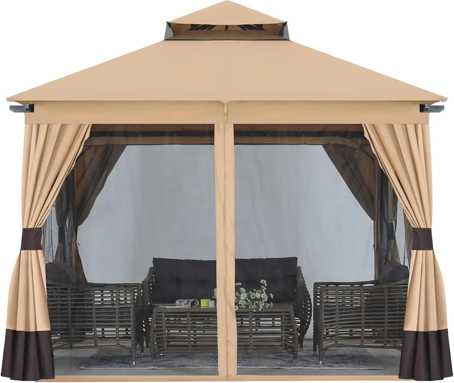 10x10FT Outdoor Patio Gazebo with Double Roofs, Mosquito Netting and Privacy Screens for Backyard, Garden, Lawn, Beige