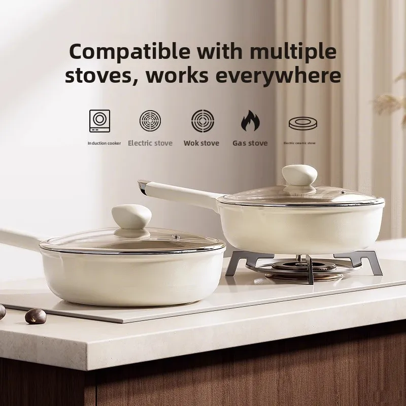 Titanium Ceramic Non-Stick Pan Fluorine-Free Coating Wok Deep Fry Pan Universal Stove Flat Bottom Pot with Sun Protection Sleeve