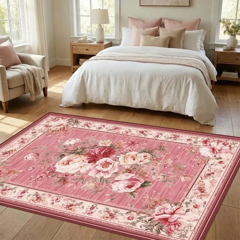 VIKAMA Pink Romantic Retro Rose Floral Rug, Vintage Country Washable Non-Slip Soft Carpet for Bedroom Living Room