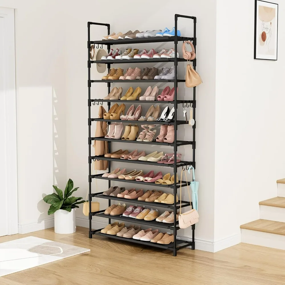 

11 Tiers Tall Shoe Rack Holds 55 Pairs of Shoes with 18pcs Hooks Sturdy Wide Shoe Organizer Storage FreeStanding Metal Shoe Rack