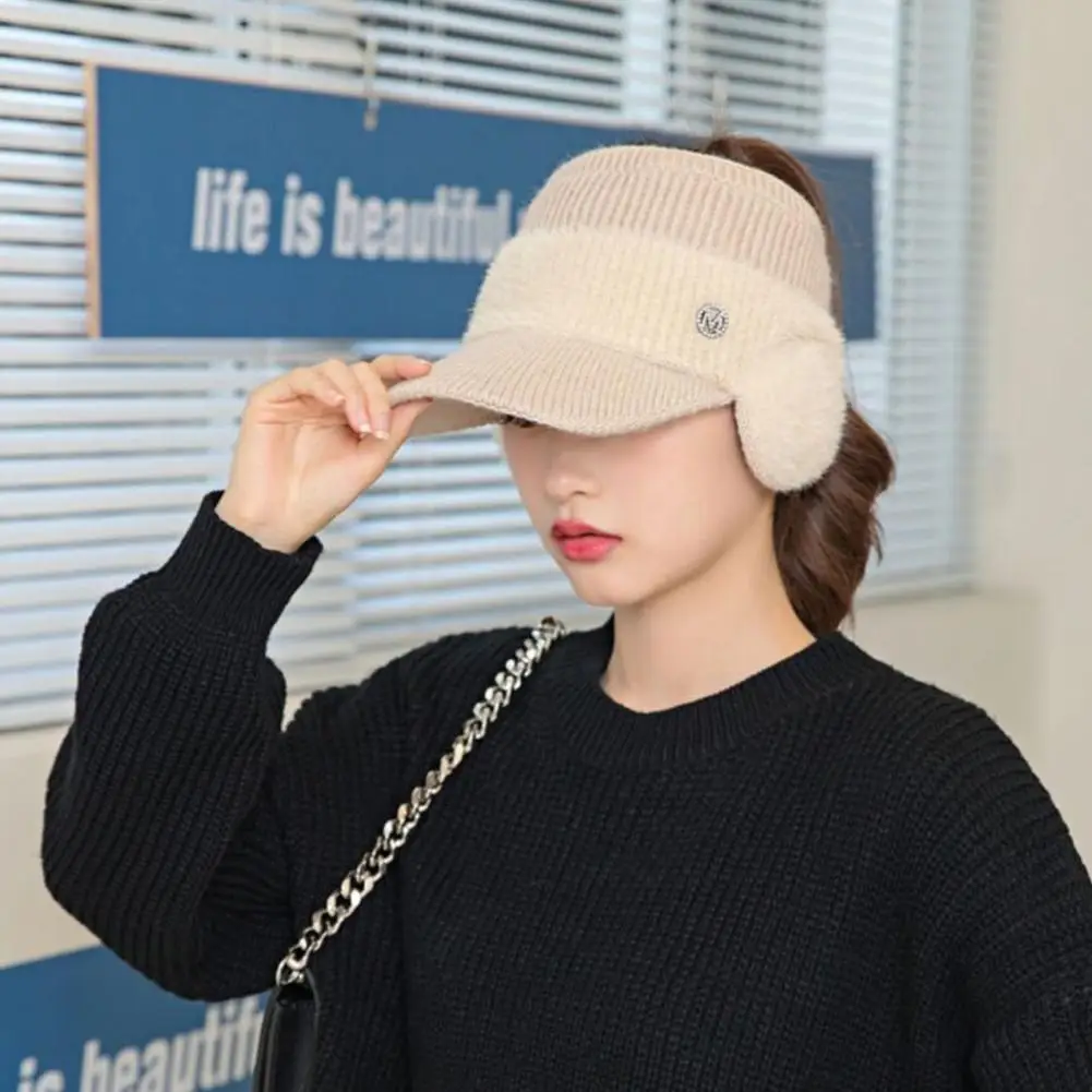 Stylish Ear Winter Hat Women's Winter Hat with Rhinestone Letter Decor Plush Knitted Ear Cap