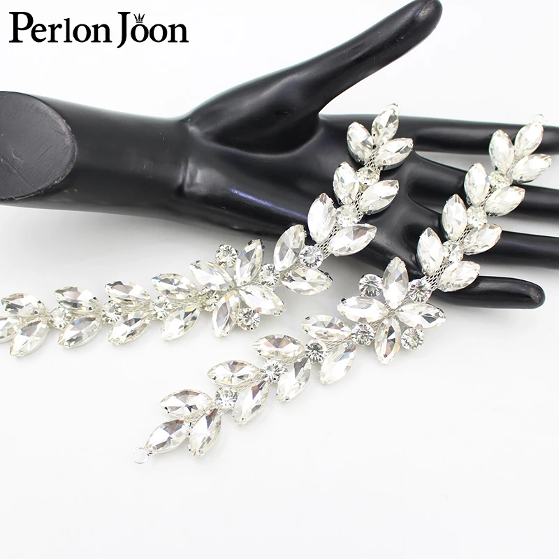 Branches leaves silver color crystal applique white glass rhinestone decorative patch sewn on shoes wedding accessories  YHZ043