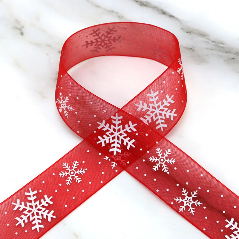 (10 Meters/roll) 25mm Red Organza Christmas Snowflake Ribbon Handmade Gift Packaging DIY Holiday Party Decoration Lace