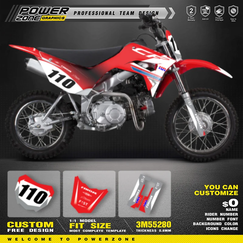 PowerZone Custom Graphics Backgrounds Decals Motorcycle Stickers Kit For HONDA CRF110F 2019 2020 2021 110cc Number Name Custom