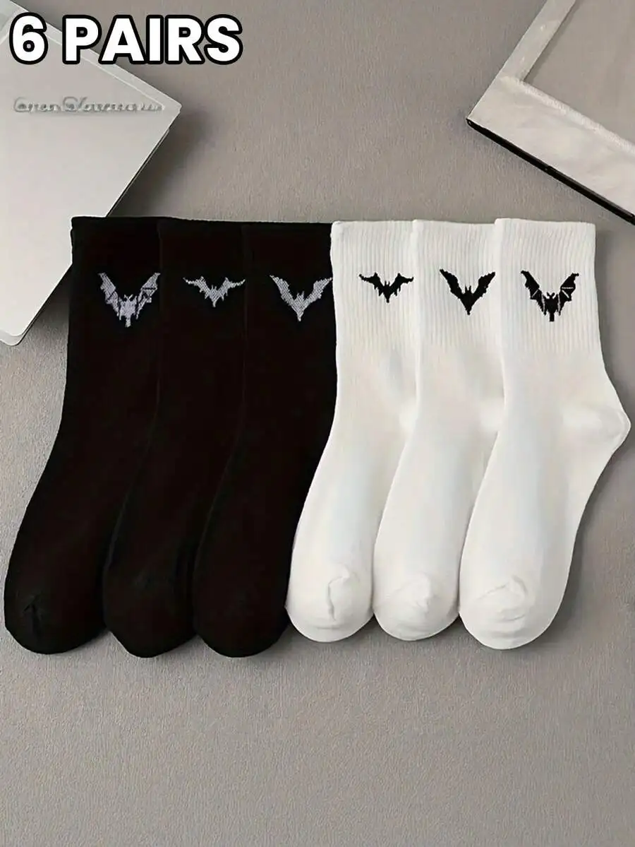 6 Pairs Bat Print Mid-Calf Socks Gothic Style Comfortable Daily Wear Black White