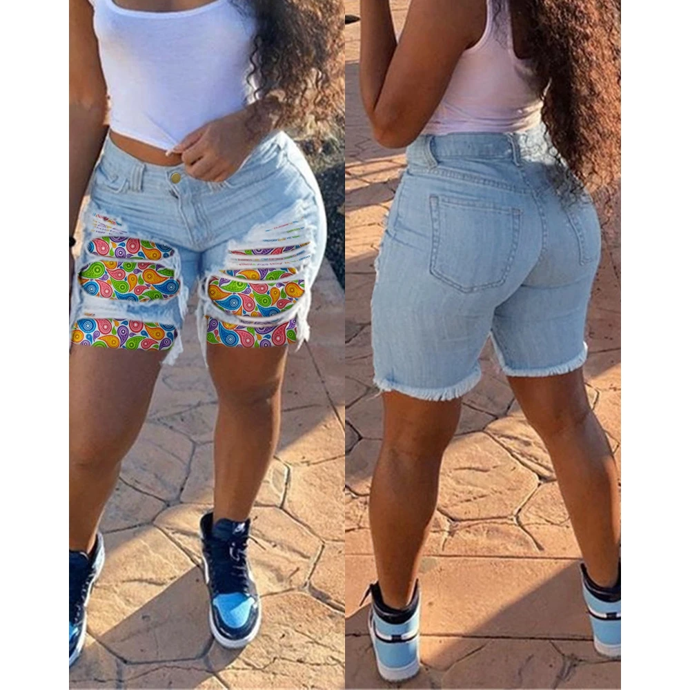 

Women Paisley Print Stitching Washed Ripped Raw Hem High Waist Denim Shorts Female Casual Fashion Summer Distressed Hot Pants