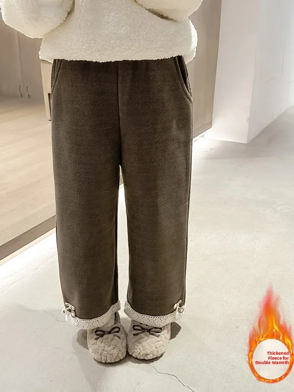 

Girls Winter Thiened Fce Lined Wide Leg Pants High Waist Straight Cut Faionable Tulle Trimmed New Arrival 2025