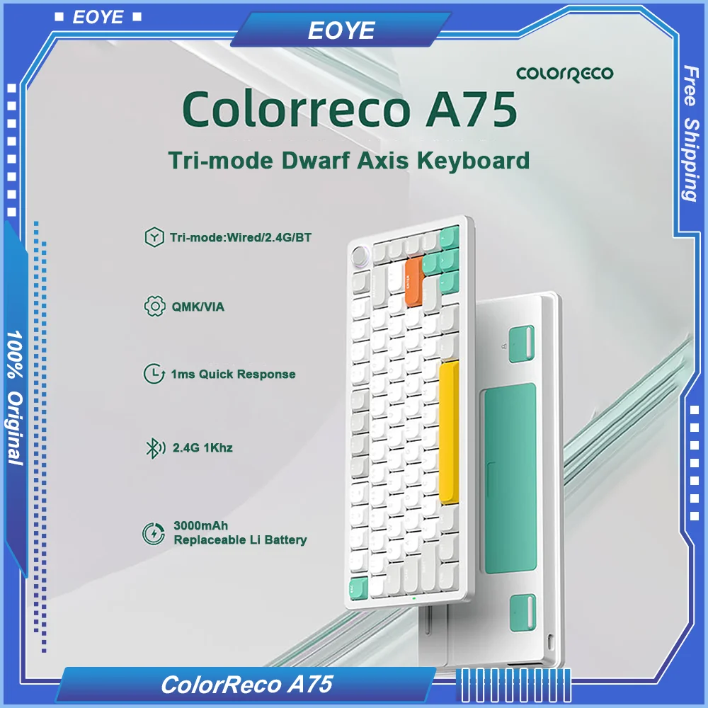 colorreco a75 teclado mecanico sem fio bluetooth modo triplo kaihua junta de eixo curto escritorio gaming portatil ergonomico diy 01