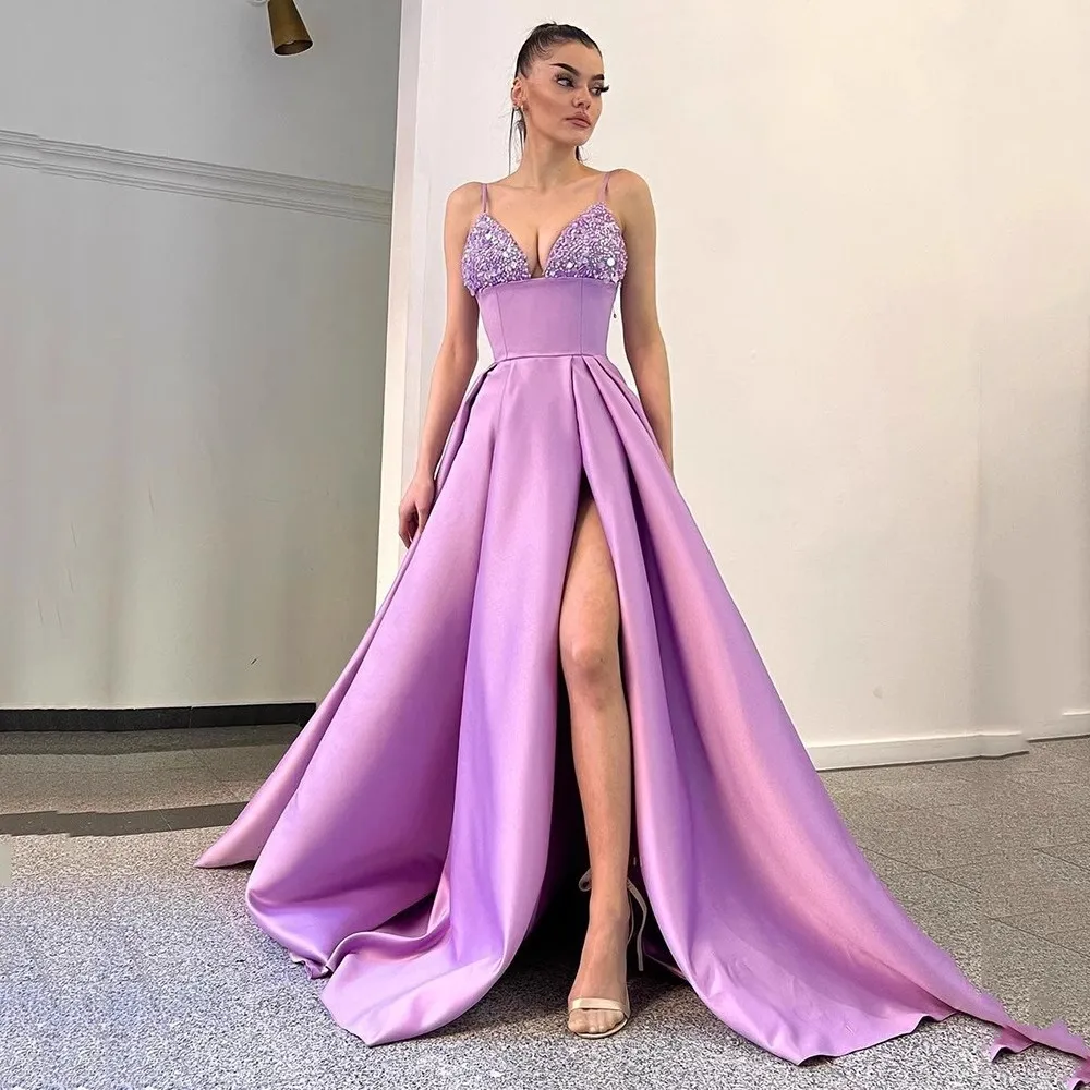 

Flora Dress Elegant Purple Satin Beaded Sequins A-line Evening Gown V-neck Spaghetti Strap Side Split Prom Dress فساتين السهرة