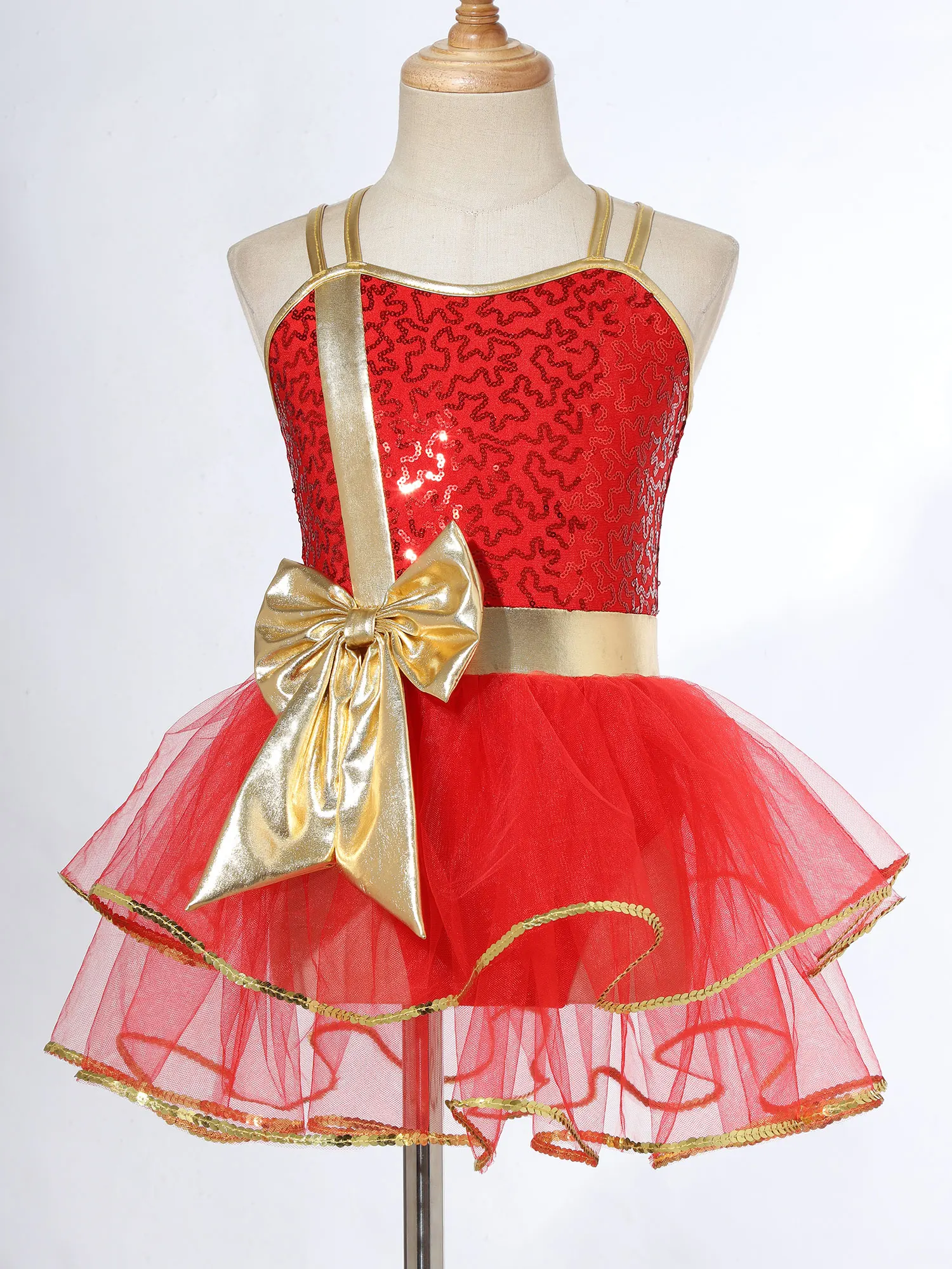 Teen Girls Christmas Dress Tutu Sleeveless Shiny Sequins Bow Cami Dress Dance Leotard Dresses for Cosplay Xmas Party Performance