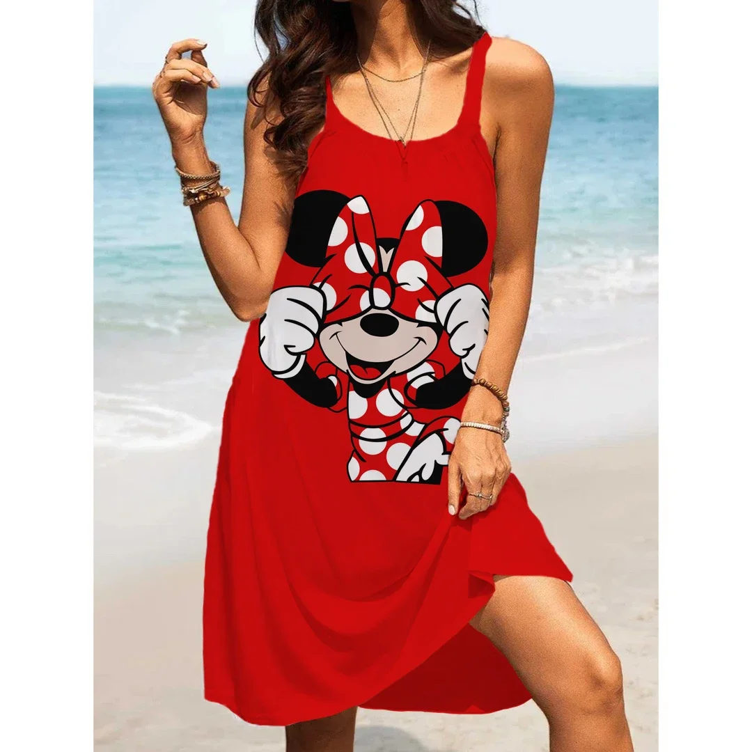 

2024 Summer Girls Mickey and Minnie Disney Women Sexy Loose Seaside Beach Casual Beach Dress Women Fashion Sling Print Dress